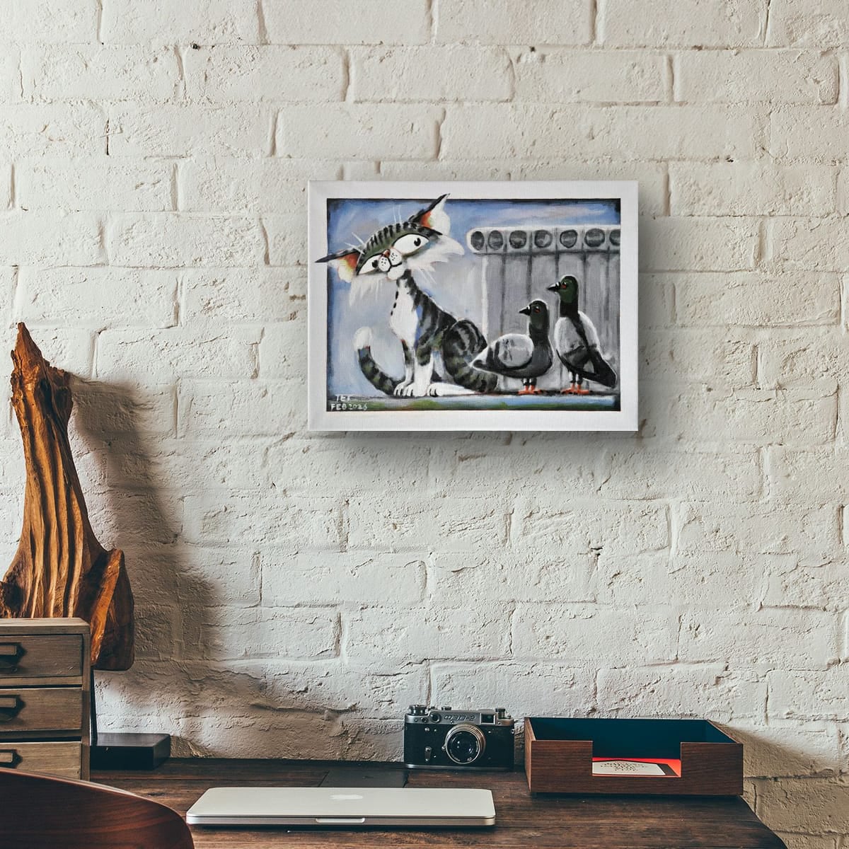 Cat Among the Pigeons Painting Hanging example..