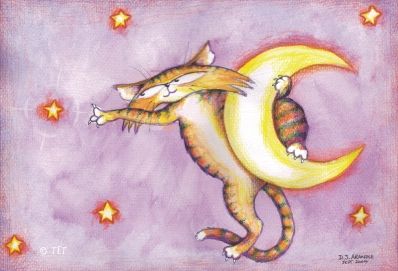 Sleeping Cats: Reaching for a Star Mixed Media Painting.