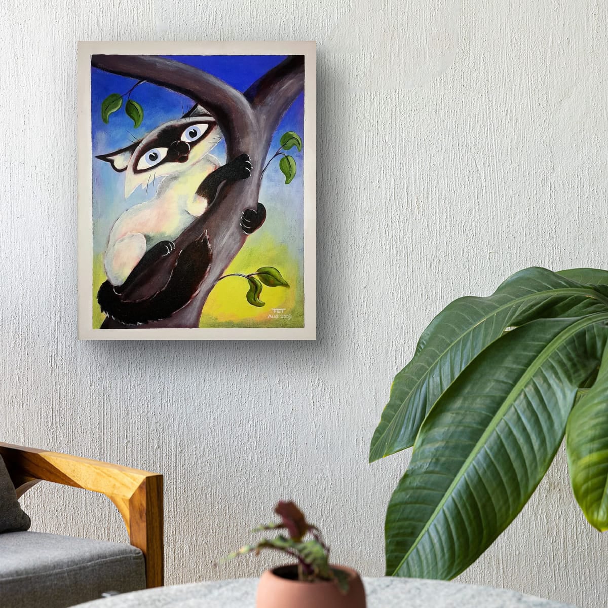 Tree Climbing Siamese Cat Painting Hanging Example.